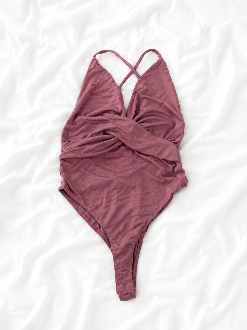 Lulu's Dusty Rose Cross-Back Twist Bodysuit